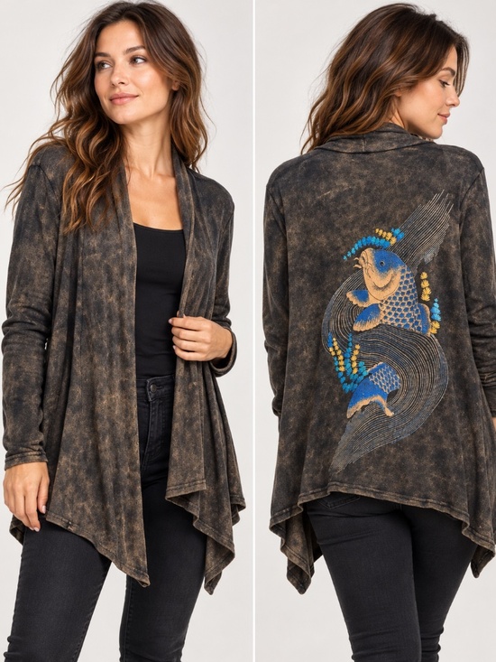 Citron 3.33 Tops - Citron 3.33 Koi Fish Embroidered Open Front Cardigan Art to Wear L